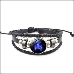 Charm Bracelets Jewellery 12 Constellation With Genuine Leather Glass Cabochon Zodiac Sign Leo Virgo Bracelet Bangle For Men Women Gift Drop D