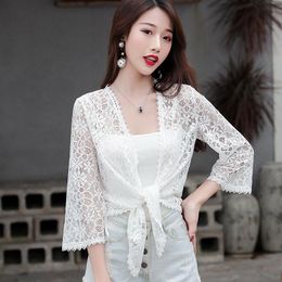 Women's Blouses & Shirts 2022 Summer Sexy Women Casual Beach Kimono Cardigan Loose Lace Blouse Sunscreen Shirt Hollow Out Tops Beachwear Whi