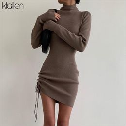 KLALIEN Autumn Sweater Dress Women Long Sleeve Turtleneck Knit Solid Slim Drawstring Bodycon Dress Thicken Warm Streetwear 220316