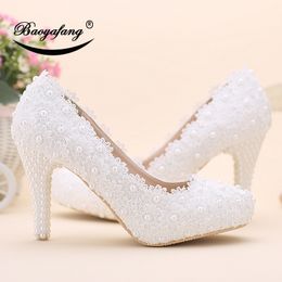 BaoYaFang New Arrival Lace wedding shoes 10cm big size 3641 Bridal party dress shoes Woman High shoes 210225