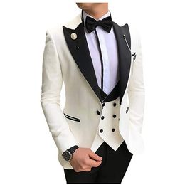 Brand New White Groom Tuxedos Black Peak Lapel Groomsmen Mens Wedding Dress Style Man Jacket Blazer 3 Piece Suit Jacket Pants Vest Tie 880