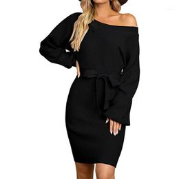 Casual Dresses Lady Dress Knitted Solid Color Round Neck Belt Sheath Elegant For Women Daily Wear Autumn Winter 2022 Vestidos