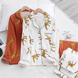 Senhoras de estilo japonês 100% de algodão terno Leopard Imprimir Calças de mangas compridas Pijamas Primavera Outono Inverno Serviço de Inverno Mulheres 220329
