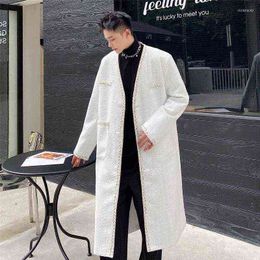 Men's Wool & Blends SYUHGFA 2022 Autumn Winter Medium Long Light Luxury Weave Woolen Coat Profile Personality White Collarless Single Breast T220810