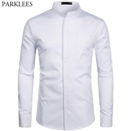 Men's Hipster Mandarin Collar Dress Shirts Brand Slim Fit Long Sleeve Chemise Casual Work Busienss Shirt Male White 2XL 210706