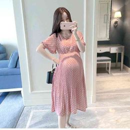 Maternity Leisure Dress Pregnancy Pregnant Women Wedding Pleated Dot Printing Summer Sexy Photo Shoot Photography Clothing New G220309