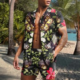 Men's Casual Shirts Beach Fashion Butterfly Wind Print Two Piece Sets For Men Short Sleeve Shirt And Drawstring Shorts Suits Male OutfitMen'