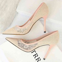 BIGTREE Shoes Hollow Lace Woman Mesh Pumps 2022 Spring Women Heels Sexy Party Shoes Thin Stiletto 10 Cm Heels Wedding Bride Shoe G220425