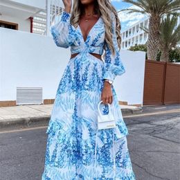 Women Sexy Maxi Dress Summer VNeck Backless Hollow Out Lantern Sleeve Club Party Long Dresses Female Tunic Beach Cover Up 220728