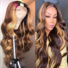 Highlights Wig 100% Indian Human Hair Golden Brown Body Wave Ombre V Part Wig Full Machine Made U Parts Wigss None Lace Wigs For Women Honey Blonde Bouncy Wavy