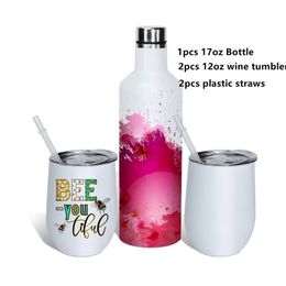 3Pcs Wine Tumbler Set 17oz Sublimation White Cups Stainless Steel Water Bottles Double Insulation Vacuum Cups With Straws And Lids By Air A12