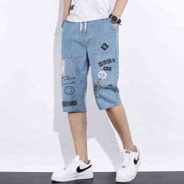 Men Jeans Pants Knee Length Shorts Denim Casual Slim Fit Elastic Streetwear Joggers G0104