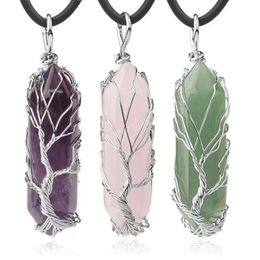 Hand Wrapped Lifetree Natural Stone Pendant Necklace Amethyst Turquoise Crystal Hexagonal Necklaces Lovers Gift