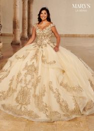 Champagne Quinceanera Dresses Off The Shoulder V Neck Bead Ball Gown Lace Applique Sweet 16 Dress Party Dress Prom Evening Gowns