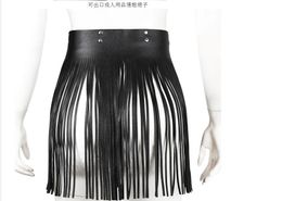 Fashion Women Sexy Tassel Leather Skirts Punk Gothic Waistband Long Fringe Black High Waist Belt Club Party Skirt1