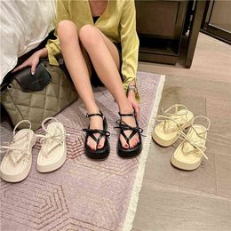 Sandals High Heels Slippers New French Lace Up Bow Clip Toe Platform Beach Sandals Women Shoes 220704