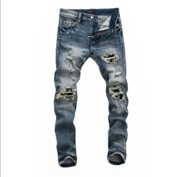 2021 hip-hop high street fashion brand jeans retro torn fold stitching men's designer motorcycle riding slim pants size 28~40#706