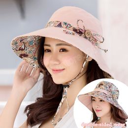 Summer Double-sided Big Brim Women Sun Hats Solid Colour Flower Printed Outdoor Beach Bucket Hat Panama Caps Ladies