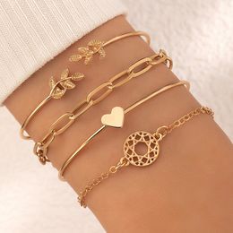 Link, Chain 4PCS/Set Opening Leaf knot Charm Cuff Bracelets Set for Women Gold Alloy Bracelet Boho Jewellery Accessories