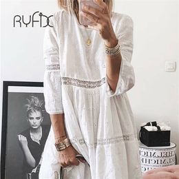 5XL Women Elegant Embroidered Lace Dress White Female Splicing Dress Floral Hollow Out Loose Casual Party Vestidos BG74 220627