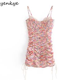 YENKYE Sweet Floral Print Sling Sexy Dress Women Chic Lace Trim V Neck Sleeveless Draped Bodycon Mini Dress Party Robe Femme 210319