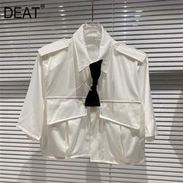 DEAT Spring Summer Arrivals White Turn-down Collar With Bow Single Breasted Shoulder Strap Fashion Women Shirt MZ848 210709