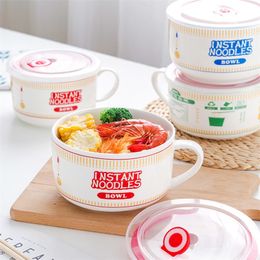 Creativity Lid Ceramics Instant Noodle Porridge Bowl Young Girl Dorm Room Student Office Super Large Japanese Cup lunch Bowl Mug 220408