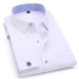 Men's Dress Shirts French Cuff Blue White Long Sleeved Business Casual Shirt Slim Fit Solid Color Cufflinks For 220401