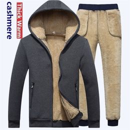 Winter Men Set Warm Thick Hooded JacketPants 2PC Sets Men Lamb cashmere Hoodies Zipper Tracksuit Man Sports Suit Plus size 6XL 201128