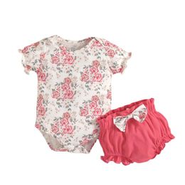 Clothing Sets Baby Girl Summer Suit Floral Print Round Neck Short Sleeve Bottom Snap Jumpsuit Bow Design ShortsClothing