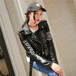 Women's Jackets 2022 Autumn Fashion Punk Style PU Leather Jacket Women Letters Pattern Slim Long Sleeve Spring Black Motorcycle Graffiti