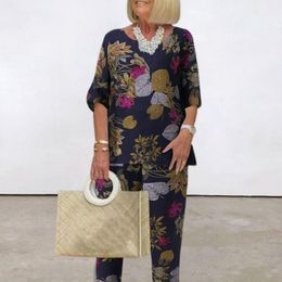 Women's Two Piece Pants Pcs/Set Stylish Elastic Waist Blouse Suit Elderly People Tops Set Wide Leg LeisureWomen's