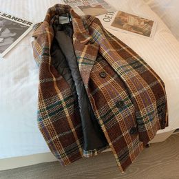 Women's Wool & Blends Winter Women Dark Brown Plaid Mid-Long Woollen Coat Casual High Quality Warm Fashion Loose Jacket Bery22