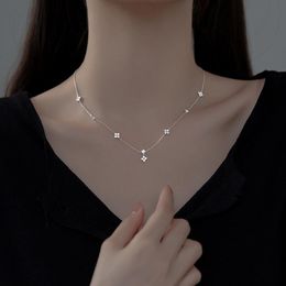 Chains S925 Sterling Silver Summer Temperament CZ Crystal Diamond Four-leaf Flower Necklace Retro Style Korean Female Clavicle ChainChains