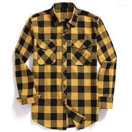 Men's Casual Shirts Men Autumn Winter Plaid Flannel Shirt Long-Sleeved Chest Two Pocket Design Fashion Printed-Button Male High Quality