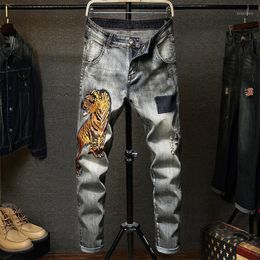 Mens Jeans Sale Full Length Pants Fashion Tigerr Embroidery Printing Trousers Male Casual Elastic Pencil