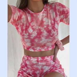 Floral Summer Sport Set Women Flower Pink Two 2 Piece T Shirt Shorts Polyester Printing Yoga Workout Outfit Fitness Gym Sets T200610