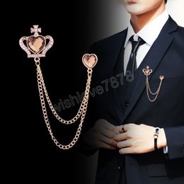 Korean Heart-shaped Crown Brooch Pin Rhinestone Crystal Tassel Chain Men's Suit Shirt Corsage Clothing Jewellery Accessories