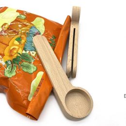 Design Wooden Coffee Scoop With Bag Clip Tablespoon Solid Beech Wood Measuring Tea Bean Spoons Clips Gift BBB15016