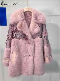 2021 Winter New Ladies Fashion Sweet Style Patchwork Fur Jacket Women's Elegant Diamonds Office Lady Thickened Warm Fur Coat T220810