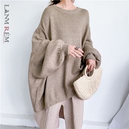 LANMREM autumn Fashion Solid Color Round Neck Pullover Bat Sleeve Large Size Long Knit Sweater Women PB615 201224