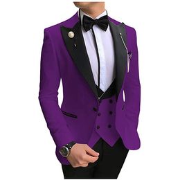 Brand New Purple Groom Tuxedos Black Peak Lapel Groomsmen Mens Wedding Dress Style Man Jacket Blazer 3 Piece Suit Jacket Pants Vest Tie 859