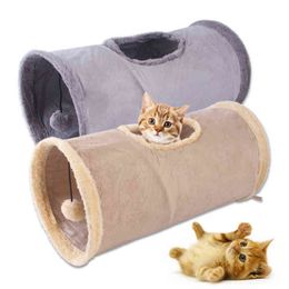 tube toys Canada - Cat Tunnel Toy Buckskin Plush 2 Holes Play Tubes With Balls Collapsible Funny Pet Toys for Cats Puppy Ferrets Rabbit Play Games L220606