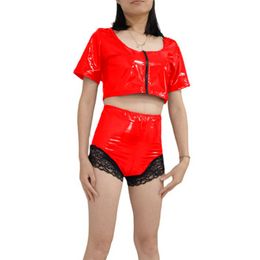Women's Tracksuits Sexy PVC Set Women Black Erotic High Waist Panties Wet Look Underwear With Crop Top Fetish Sissy OutfitWomen's