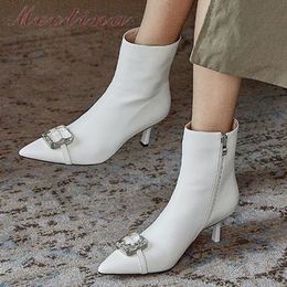 Crystal Real Leather High Heel Short Boots Women Shoes Pointed Toe Thin Zipper Ankle Ladies Autumn Winter 40 210517