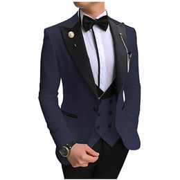 Brand New Navy Blue Groom Tuxedos Black Peak Lapel Groomsmen Mens Wedding Dress Style Man Jacket Blazer 3 Piece Suit Jacket Pants Vest Tie 884