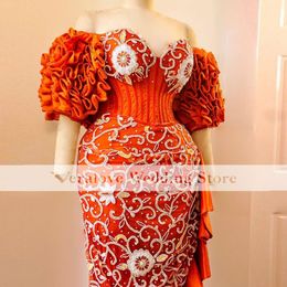 Mermaid Prom Gowns Formal Aso Ebi Evening Dresses Orange Applique Beads robe de soiree femme