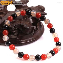 Beaded Strands Gem-inside Natural Round Smooth Black Grey Red Agates Elastic Mala Bracelet Jewellery For Man Woman Selectable SizeBeaded Lars2