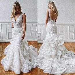 Boho Sereia Vestidos de Noiva para Noiva 2022 Rendas Elegantes Vestidos Bridais Ruffled Trem Backless Lindo Robe de Soirée