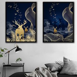 Abstract Golden Stag and Flock of Geese Prints Wall Art Canvas Painting Wall Pictures For Living Room Decor